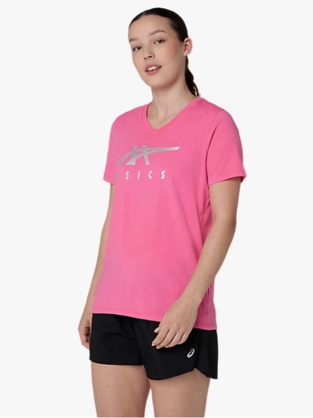 ASICS Women's Short Sleeve V-Neck Tee in Hot Pink with Silver Logo
